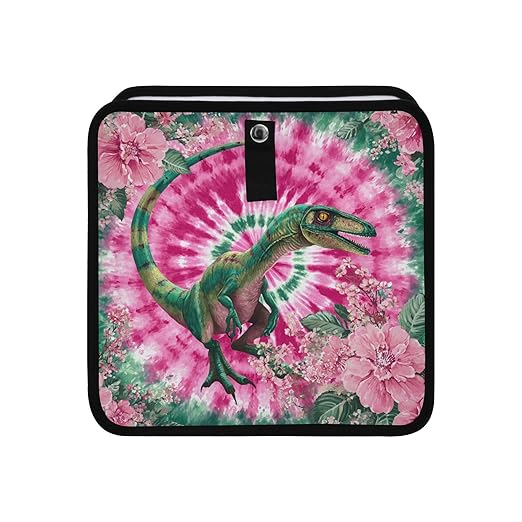 Car Trash Can Organizer Bin with Adjustable Strap for Back Front Seat Console Waterproof Leakproof Collapsible Portable 11 Inch Tie Dye Dinosaur Pink Green