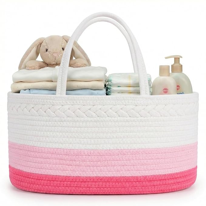 luxury little Diaper Caddy Organizer, Large Cotton Rope Nursery Baby Basket, Changing Table Organizer for Baby Diaper Storage, Portable Car Organizer Removable Divider (Pink, Extra Large)