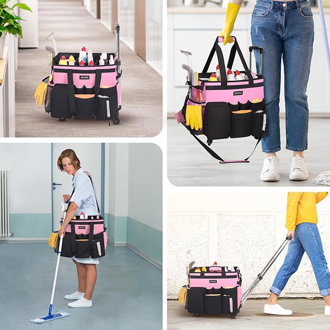 Large Rolling Cleaning Caddy Bag with Detachable Trolley, Waterproof Cleaning Caddy on Wheels for Housekeepers, Cleaning Cart Supplies Organizer for Home,Car,Office,Picnic (Pink) (in Patent)