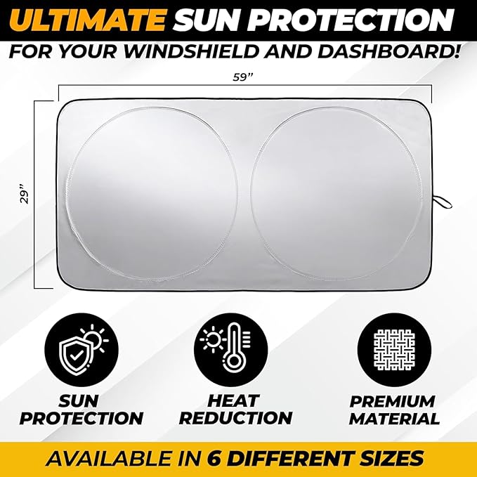 Car Shade Front Windshield, Small (59" x 29") - 240T Reflective Polyester Sunshade Blocks 99% UV Rays and Heat, Foldable with Storage Bag Fits Coupe, Hatchback, Small Sedan, Sports Model Cars