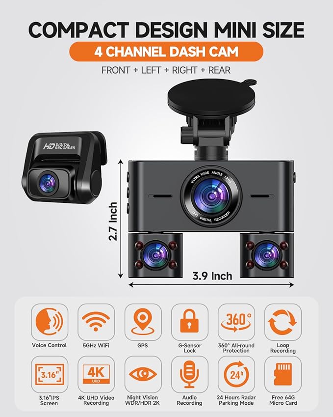 Dash Cam 360°, 4 Channel Camera for Cars Front and Rear Inside, 2K FHD Mini Dashcam, 5G WiFi, GPS, Free 64G Card, Voice Control, WDR, HDR, Night Vision, 24/7 Parking Mode(Upgraded Version V7PLUS)