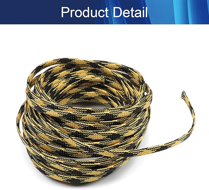 Aicosineg 32.81ft PET Flexible Braided Cable Sleeve 0.25inch Width Wire Loom Sleeving and Organizer Flexible Wire Mesh Sleeve Wrap Protector for TV Audio PC Cords from Pets Chewing Black and Yellow