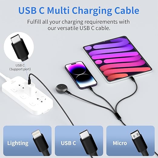 Travel Essentials,Dual Type-C 3 in 1 Multi Charging Cable, 4 FT Universal Charging Cables for All Devices, 2 USB-C/Lightning/Micro USB Port, Compatible with iPhone 17 16/15 Series/Phone/Tablet, Black