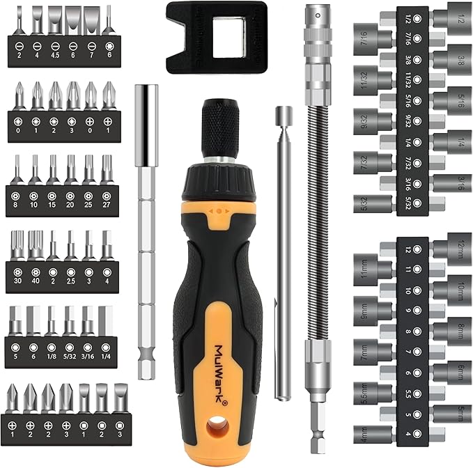 MulWark 63PC Magnetic Ratcheting Screwdriver Bit Set – Multibit Screw Driver with Screwdriver Bits Slotted, Torx, Hex, Pozi, Philips, Square; Nut Driver Set for SAE and Metric – Christmas Gift
