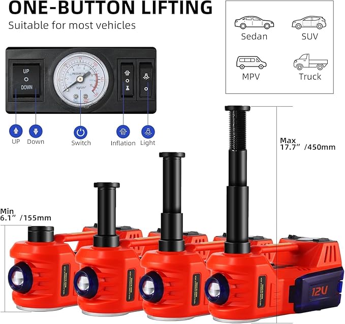 Electric Car Jack Kit 5 Ton 12V Floor Jack with Impact Wrench and Tire Inflator Pump Portable Hydraulic Car Jack for SUV Sedans Tire Change with LED Light, Lifting Height 6 to 17.7 Inch