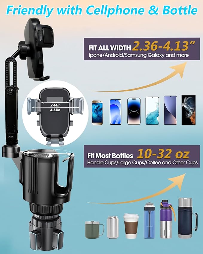 Cup Phone Holder for Car with Expandable Base, Upgraded 2 in 1 Hands Free Cellphone Holder Cupholder Car Mount, Stable Retractable Long Arm Universal Fit iphone and Large Bottle, for Truck SUV