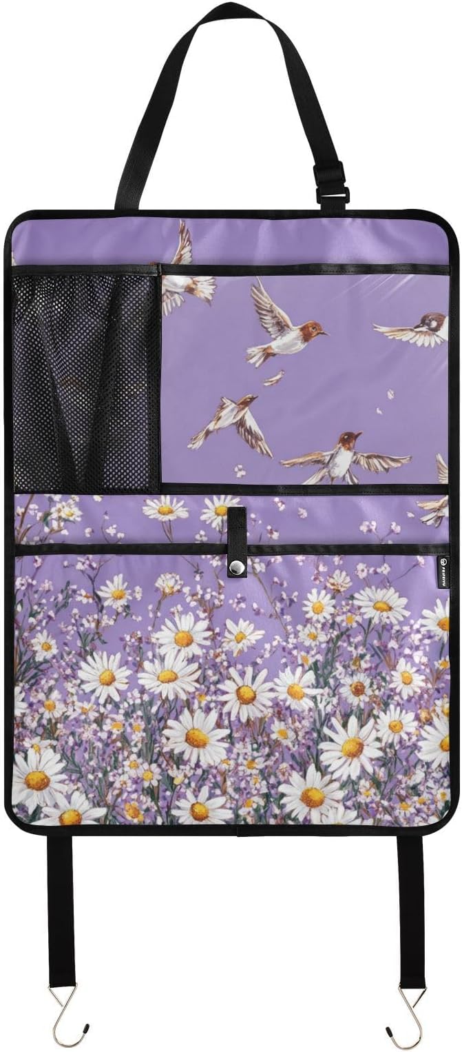 Purple Daisy Flowers and Flying Birds 2 Pack Backseat Car Organizer with Storage Pockets Seat Back Organizers for Kids Kick Mats Backseat Protector Automotive