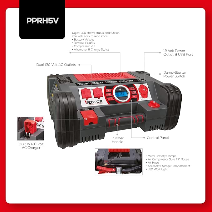 Vector PPRH5V 1200 Peak Amp Automotive Jump Starter, Portable Power – 10W USB Port, 500W Inverter, 120 PSI Air Compressor