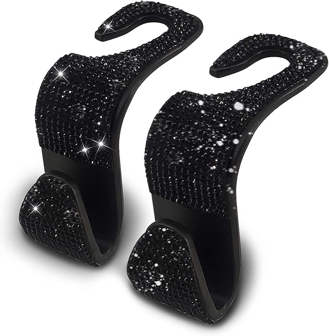 OSIFIT 2PCS Car Seat Hooks - Bling Rhinestone Headrest Hooks with Universal Design - Perfect for Holding Handbags, Clothes, Purses, and Water Bottles - Black