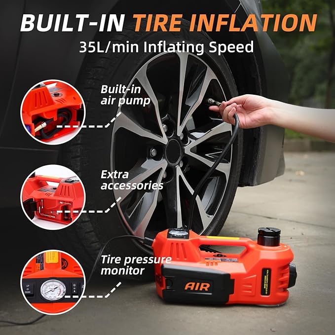 STANDTALL Electric Car Jack Quick Lifting Safe and Portable with Tire Inflator and LED Light Complete Set of Accessories 12V Hydraulic Floor Jack
