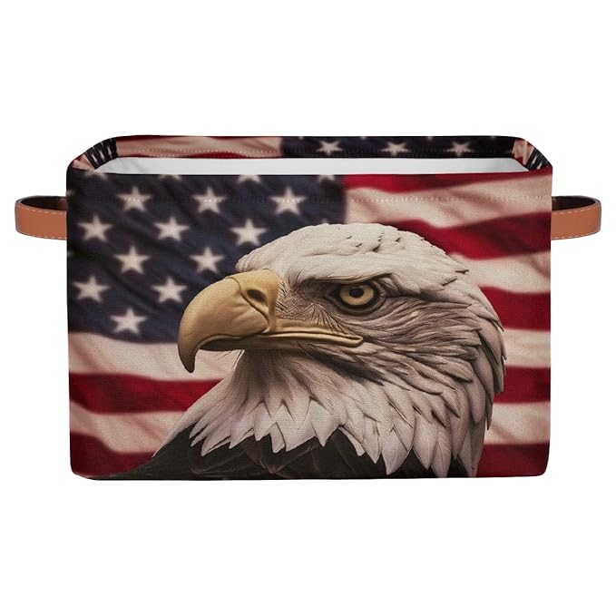 Retro American Flag Patriotic Storage Baskets for Organizing, Fabric Collapsible Storage Bins Box Bald Eagle Decorative Toy Organizer Baskets for Closet Shelves Gift Basket 1 Pc