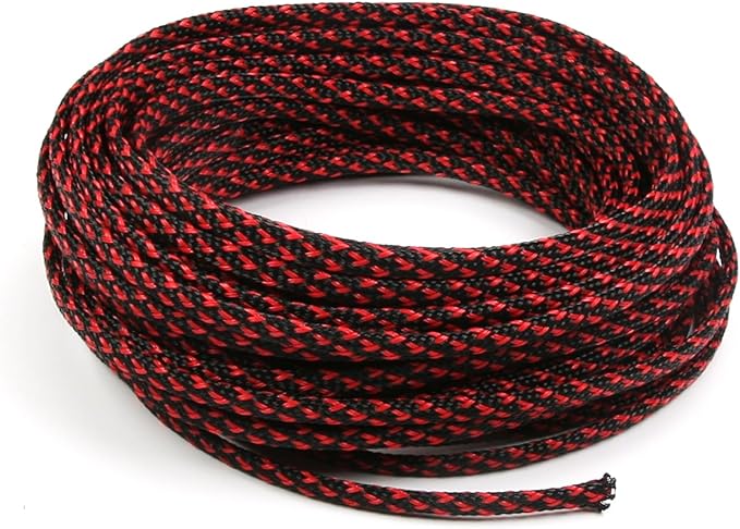 Aicosineg 32.81ft PET Flexible Braided Cable Sleeve 0.16inch Width Wire Loom Sleeving and Organizer Flexible Wire Mesh Sleeve Wrap Protector for TV Audio PC Cords from Pets Chewing Black and Red