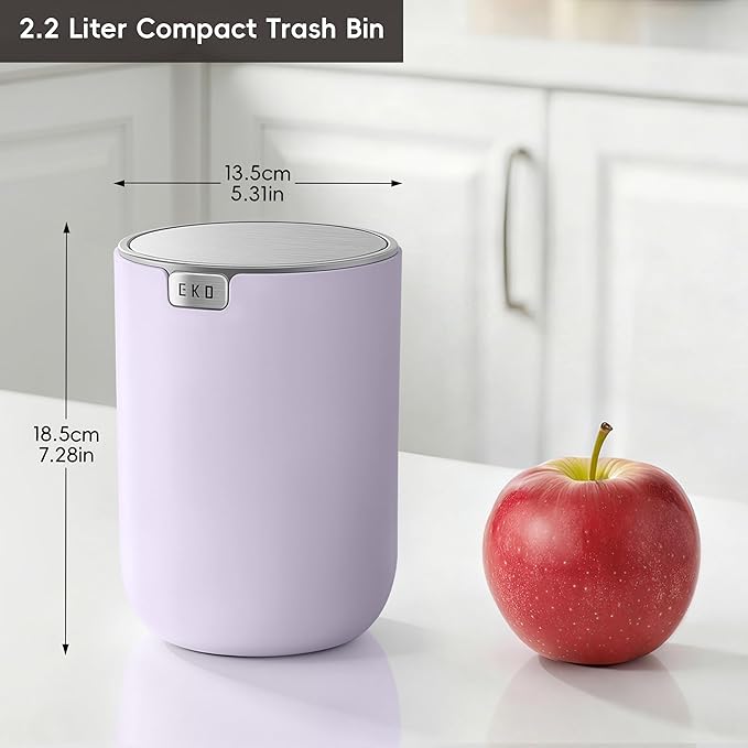 EKO Fandy 0.58 Gal/2.2L Mini Trash Can with Lid, Swing-Top Desktop Trash Can for Bathroom, Countertop, Vanity, Desk or Office, Small Garbage Bin (Lavender)