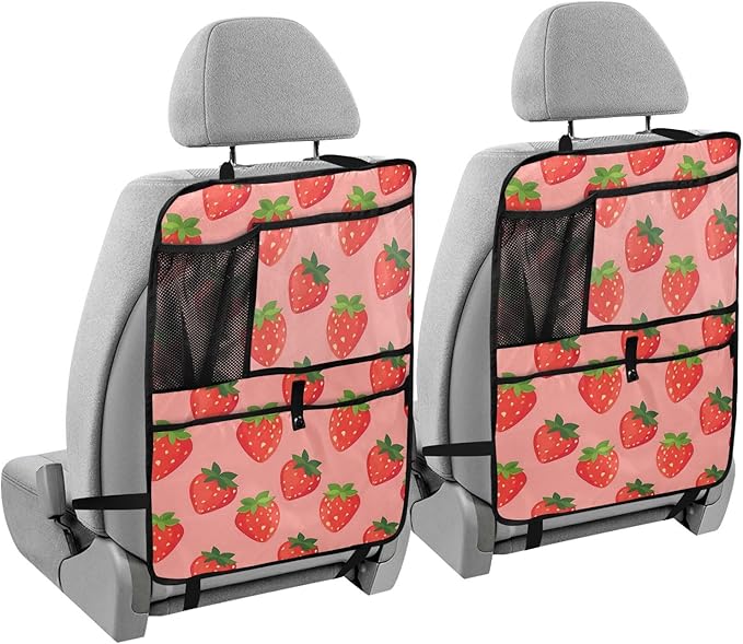 JIPONI Car Backseat Organizer, Strawberrys Pink Automotive Back Seat Protector, Kick Mats with Storage Pockets for Kids Pets, Road Trip Accessories (2 Pack)