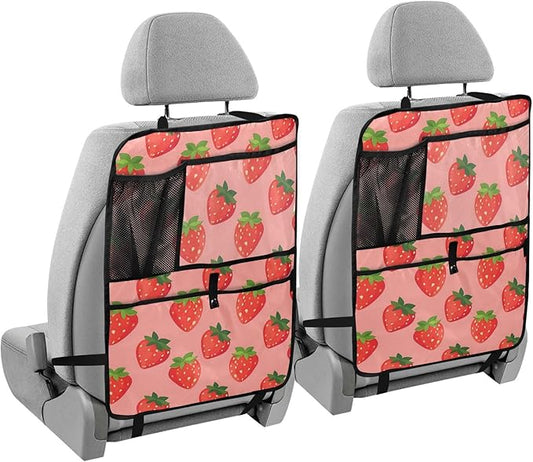 JIPONI Car Backseat Organizer, Strawberrys Pink Automotive Back Seat Protector, Kick Mats with Storage Pockets for Kids Pets, Road Trip Accessories (2 Pack)
