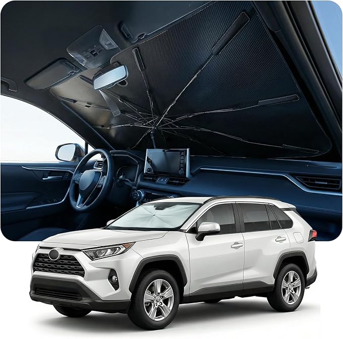 DooGooCoo Windshield Sun Shade Umbrella for Toyota Rav4 Accessories 2013-2024 2025, UV Block Rav4 Sun Shade for Car Windshield, Heat Shield Car Sunshade for Rav4 & Rav 4 Front Window Windshield.