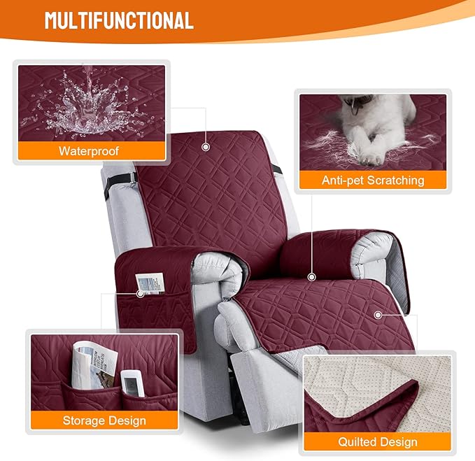 VANSOFY 100% Waterproof Recliner Chair Covers, Recliner Cover Non-Slip Dog Chair Cover Furniture Protector Washable Slipcover with Pocket, Elastic Straps for Pets, Dogs(Burgundy, 20")
