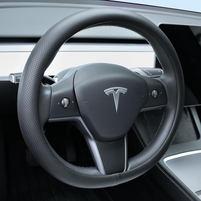 Uxcer Nappa Leather Steering Wheel Cover Compatible with Tesla Model 3/Y 2016-2025 2026 Juniper/Highland, Non-Slip Breathable Model 3/Y Steering Wheel Protector, Black