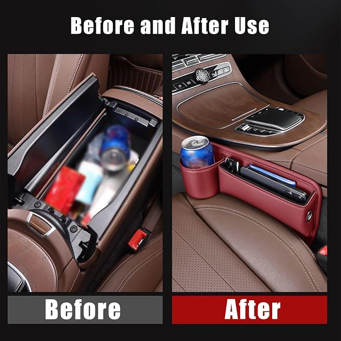 2 Packs Universal Car Seat Gap Storage Box, 2025 Car Leather Cup Holder Gap Bag, Adjustable Car Gap Seat Filler Organizer with Cup Holder for Glasses Phones Keys Cards (Red)