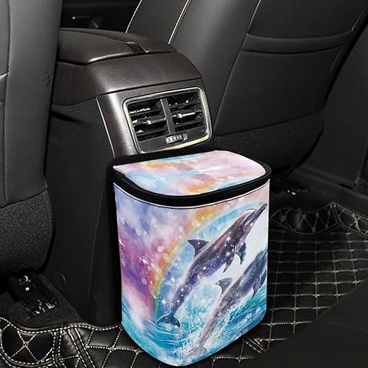 Talayituse Dolphin Rainbow Print Car Trash Can, Portable Auto Garbage Bin Multifunctional Vehicle Interior Accessories with Adjustable Straps Universal Fit Truck SUV Sedan