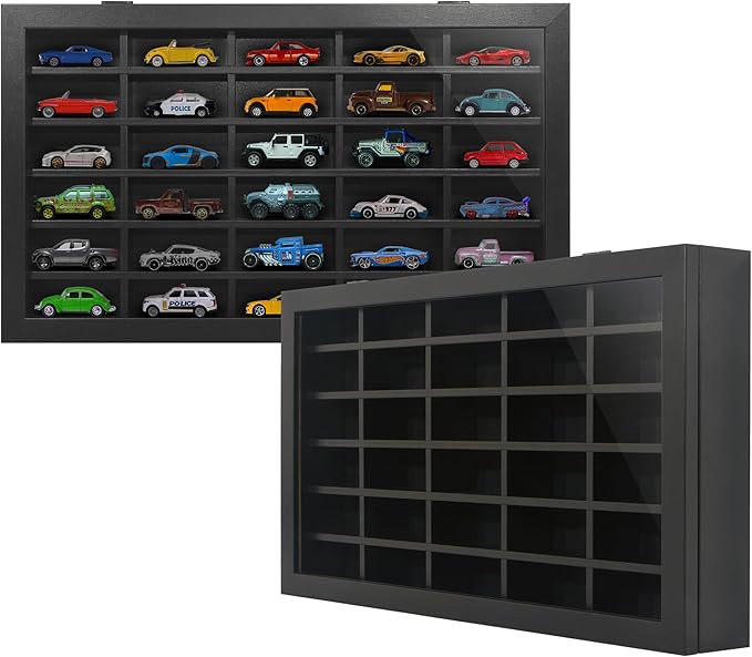 Americanflat 11x18 Toy Car Display Case - Holds up to 30 Cars - Model Car Displays with Removable Shelves and Shatter-Resistant Glass - Wall Mounted Display Cases for Collectibles - Black