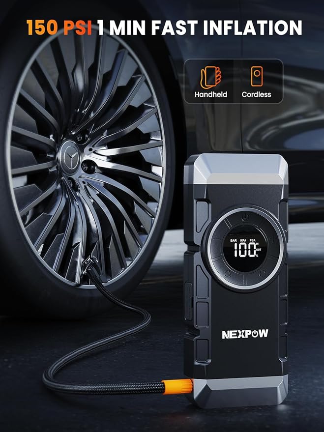 NEXPOW Car Battery Jump Starter with Air Compressor 3000A Peak,12V 150PSI Portable Jumpstart Box for Up to 8L Gas and 8L Diesel Engines, PD18W Quick Charging, Force Start Button
