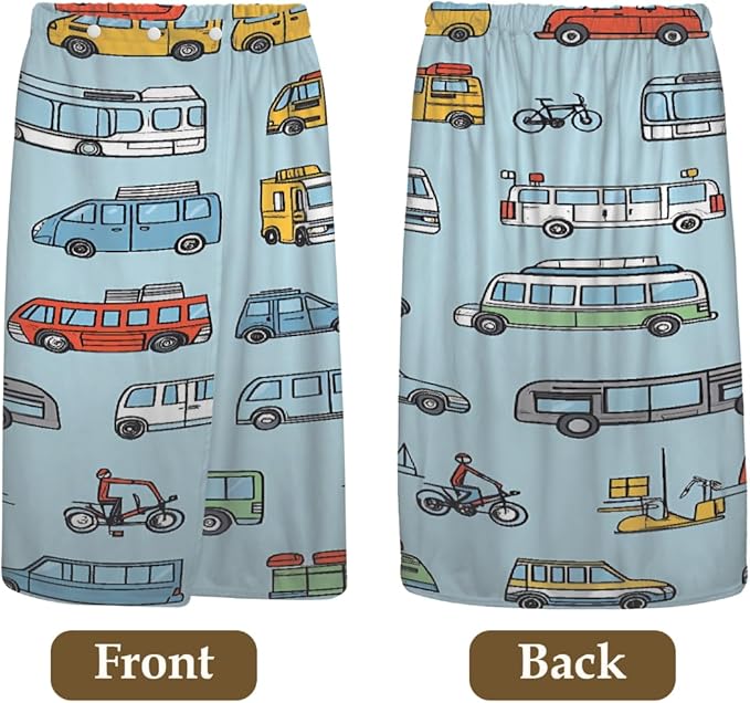 Women's Bath Wrap Retro Cars Bus Pattern Absorbent Shower Spa Body Bath Robe Wraps Bathrobe Towel with Adjustable Closure