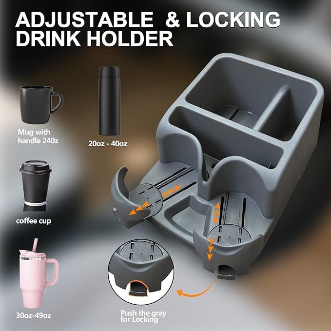 Car Center Console with Adjustable Cup Holders, Universal Center Console Organizer for Truck, Cars, Minivans, Suvs, Truck Floor Console, Bench Seat Center Console (Gray)