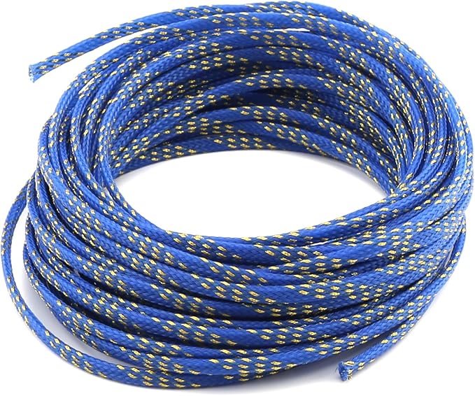 Aicosineg Cable Sleeve Braided Sleeving PET Wire Loom Tubing Cable 32.81ft-1/6inch Wrap Protector for HiFi Audio and Video Headphone Cable Protect Wires from Chewing of Pets Blue and Gold