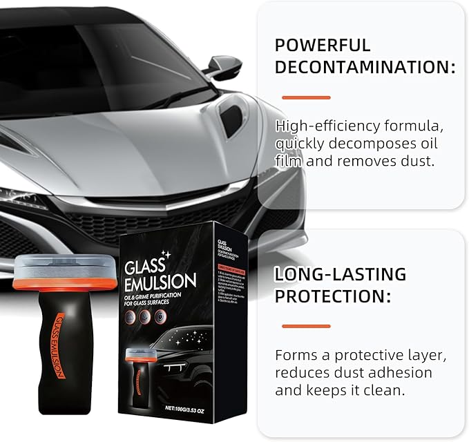 Glass Oil Film Remover for Car, Roll-On Glass Compound with Cleaning Board, All-Weather Windshield Kit, Easy-to-Apply and Clean