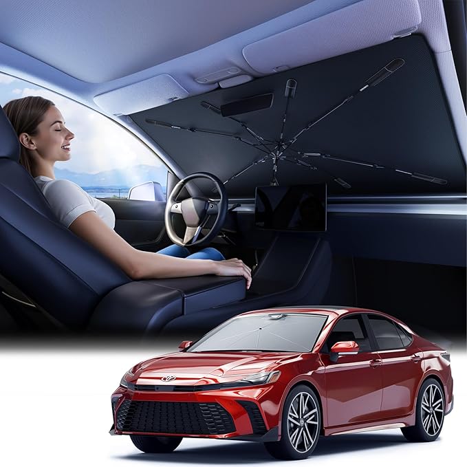 TrySpace Car Windshield Sun Shade Umbrella - [Silver Heat Shield & UV Reflective] Protector for Cars, Universal Fit Small (53" L x 31" W) | 25°F Cooler, Friendly Vinyl Coatings