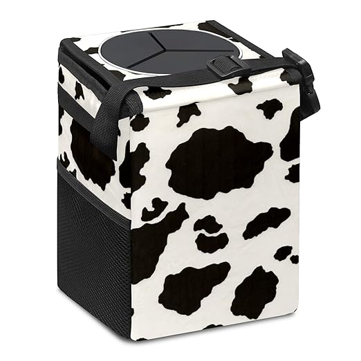 Black White Cow Print Car Trash Can with Lid Collapsible Reusable Waterproof Car Garage Bag,Automotive Garbage Can,Car Accessories Interior Car Organizer