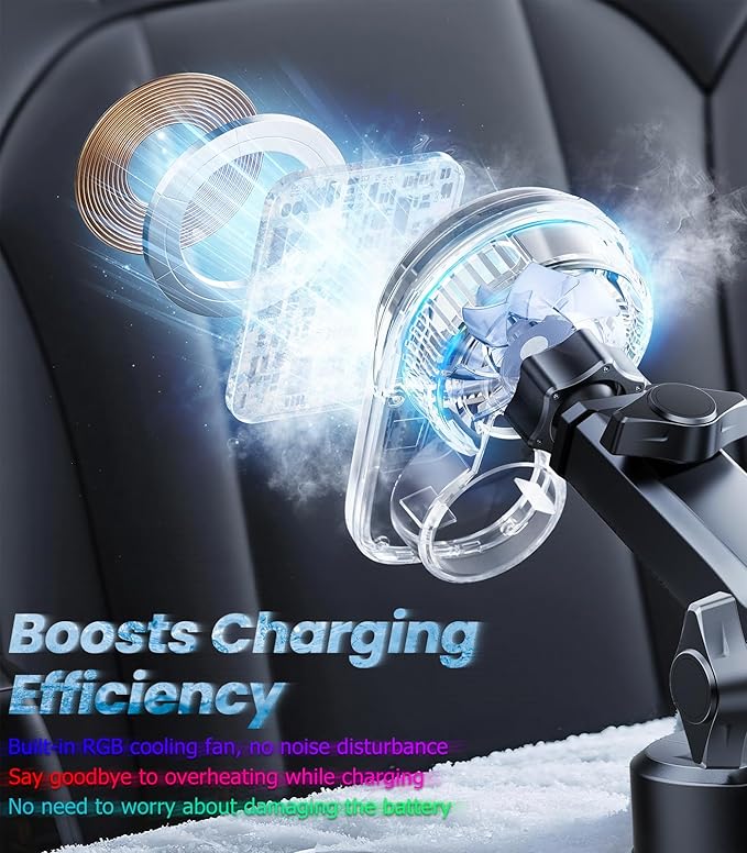 for Magsafe Car Mount Charger with Air-Cooling System, 15W Fast Charging Wireless Car Charger Mount for iPhone 17 16 15 14 13 Pro Max Plus Mini, Vent Dashboard Suction Car Phone Mount Charger