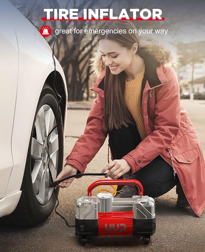 UUP Tire Inflator Air Compressor, 150PSI 12V DC Double Cylinders Heavy Duty Portable Air Pump w/Emergency LED Light for Truck, SUV, Car, RV (red)