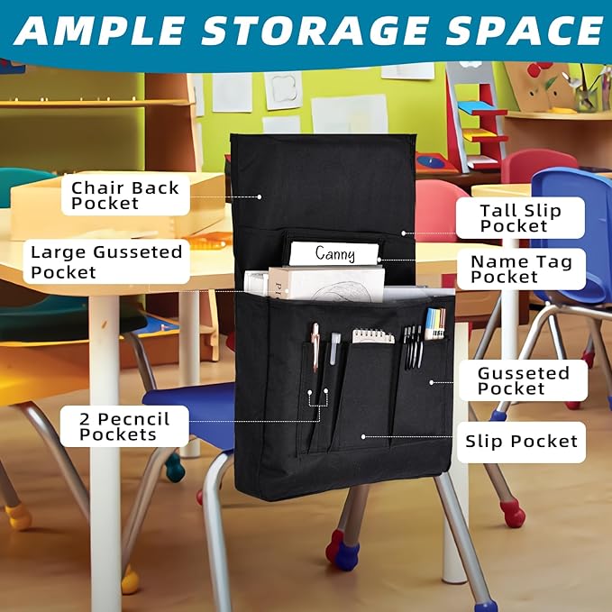 12 Pcs Classroom Chair Pockets, 18.5 x 15.3 inch Black Chair Pockets For Classroom, Seat Sacks for Classroom Chairs, Buddy Pocket, Chart Seat Back Organizer with Name Tag