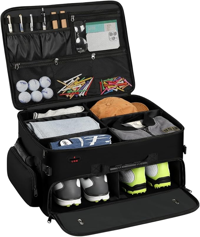 Mogplof Extra Large 2 Layer Golf Trunk Organizer, Golf Gifts for Men Golfers, 20"x 14"x 10" Water-Resistant Car Durable Golf Organizer for 2 Pair Shoes, Balls, Tees, Clothes, Gloves, Accessories