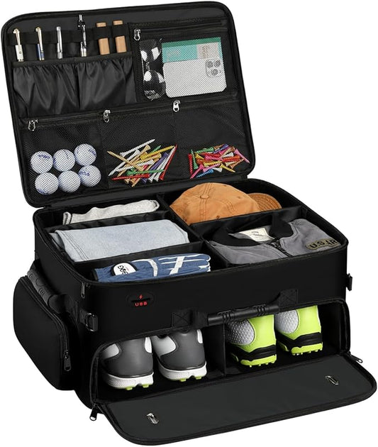 Mogplof Extra Large 2 Layer Golf Trunk Organizer, Golf Gifts for Men Golfers, 20"x 14"x 10" Water-Resistant Car Durable Golf Organizer for 2 Pair Shoes, Balls, Tees, Clothes, Gloves, Accessories