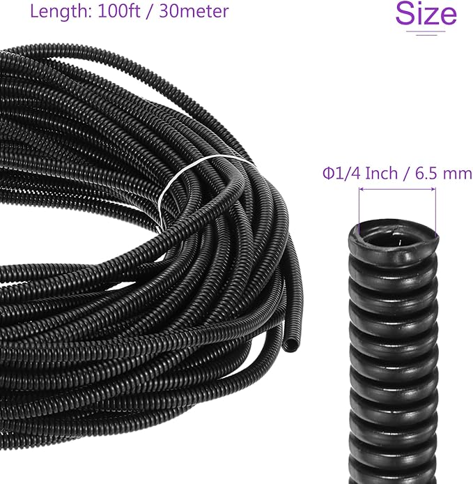 DMiotech 100ft Wire Loom Split Tubing 1/4 Inch(6.5 Mm) ID, Cord Protectors from Pet Flexible Conduit Cable Management for Office, Home, Garden, Black