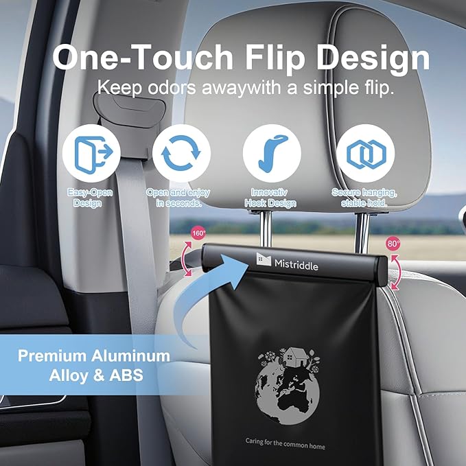 Mistriddle Headrest Hanging Car Trash Bag Holder - Aluminum Alloy with 25 Disposable Trash Bags, 2 Headrest Hooks, Compact Car Garbage Bin for Back Seat, Office, Travel & Camping (Black)
