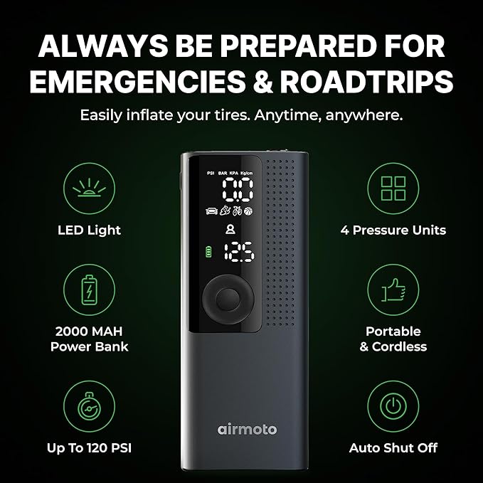 Airmoto Tire Inflator Portable Air Compressor - Air Pump For Car Tires with Digital Pressure Gauge, LED Light and Auto Shut-Off Function - Cordless Pump for Car, Motorcycle, Bicycle, Ball
