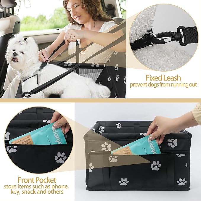 PetsHome Dog Car Seat Foldable Dog Car Booster Seat Waterproof Breathable Oxford Travel Bag for Small to Medium Dogs, Puppies, and Pets-Footprint Black