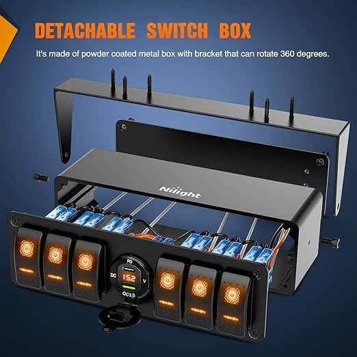 Nilight 6 Gang Rocker Switch Box 12V SPST ON Off Toggle Switches PD Type C and QC 3.0 USB Sockcet Voltmeter Orange LED Light Waterproof Aluminum Mount Bracket Panel DIY Stickers for Boat Car RV Truck