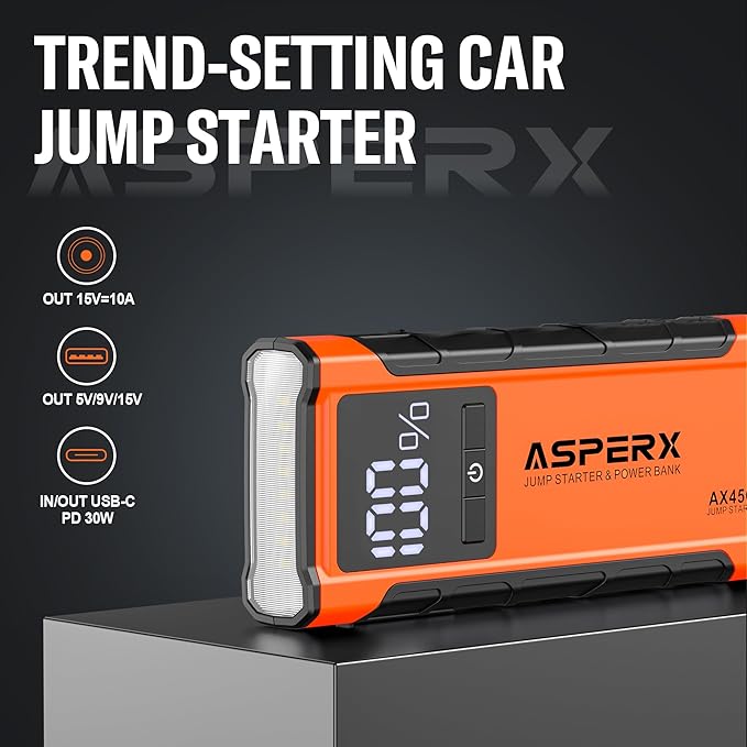 ASPERX AX4500 Jump Starter,4500A Peak Car Starter for Up to All Gas and 10.0L Diesel Engines,12V Battery Starter with 4 Inch LCD Display,Lithium Portable Car Battery Booster Pack