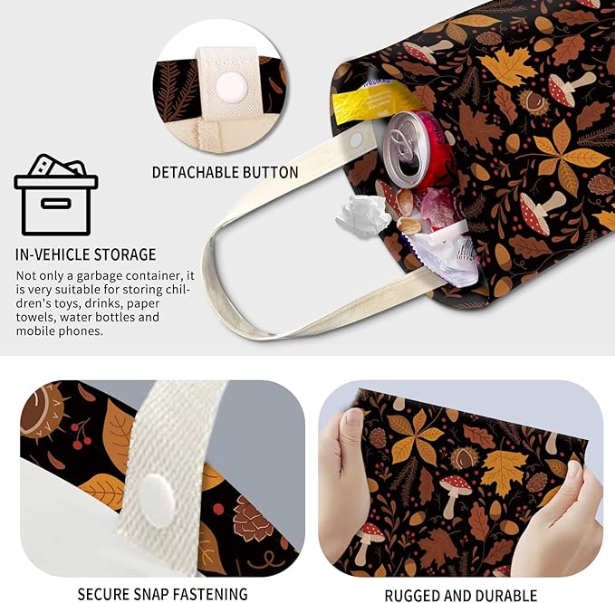 Cute Car Trash Can, Hanging Canvas Car Back Seat Organizer and Storage Bag, Funny Car Trash Bag for Travelling, Outdoor Cute Boho Mushroom Leaf