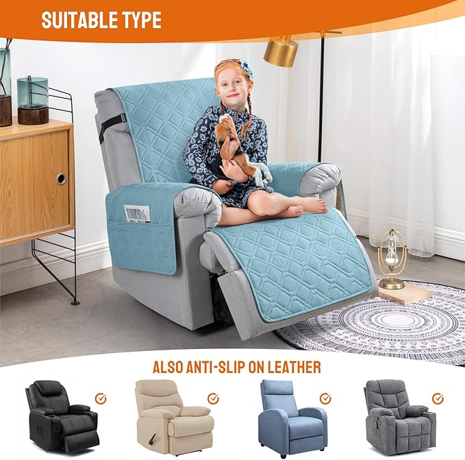 VANSOFY 100% Waterproof Recliner Chair Covers, Recliner Cover Non-Slip Dog Chair Cover Furniture Protector Washable Slipcover with Pocket, Elastic Straps for Pets, Dogs(Azuree, 20")
