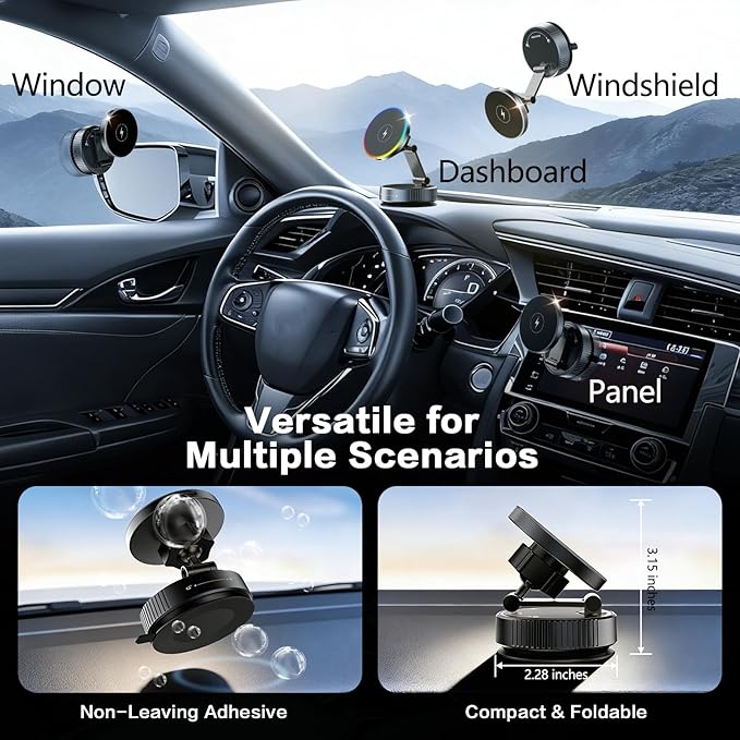 for MagSafe Car Mount Charger, 15W Fast Wireless Charging, Vacuum Suction Magnetic Car Phone Holder for iPhone & Android, 360° Adjustable Cell Phone Holders for Your Car Dashboard/Windshield