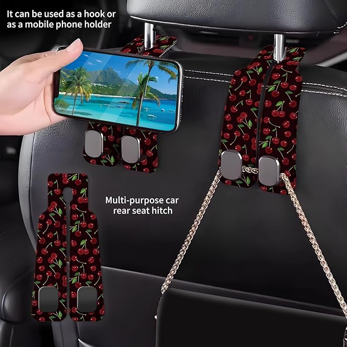 Car Seat Back Storage Headrest Hook, Premium Leather Double Metal Hook, Hanger Storage Organizer for Purse Cloth Bag, Car Interior Accessories Black Red Cherry