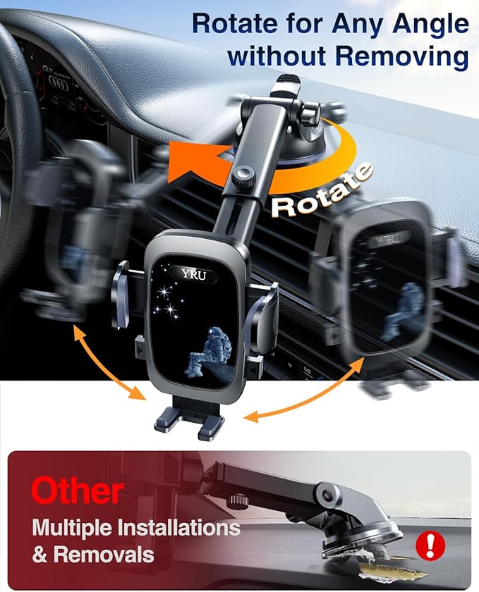 YRU True Military-Grade [360° Rotation Suction] 2026 Ultimate Car Phone Holder Mount 【90+LBS Safest Strongest & Patent Certs】 Dashboard Windshield Vent for iPhone 17 16 Pro Max Samsung,Blue Black