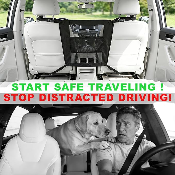 Dog Car Barrier & Seat Belt Set, Heavy Duty Canvas Car Seat Divider for Dogs with Double-Sided Organizer, Adjustable Elastic Straps, Precision Fit for SUVs & Cars, Pet Travel Safety Kit