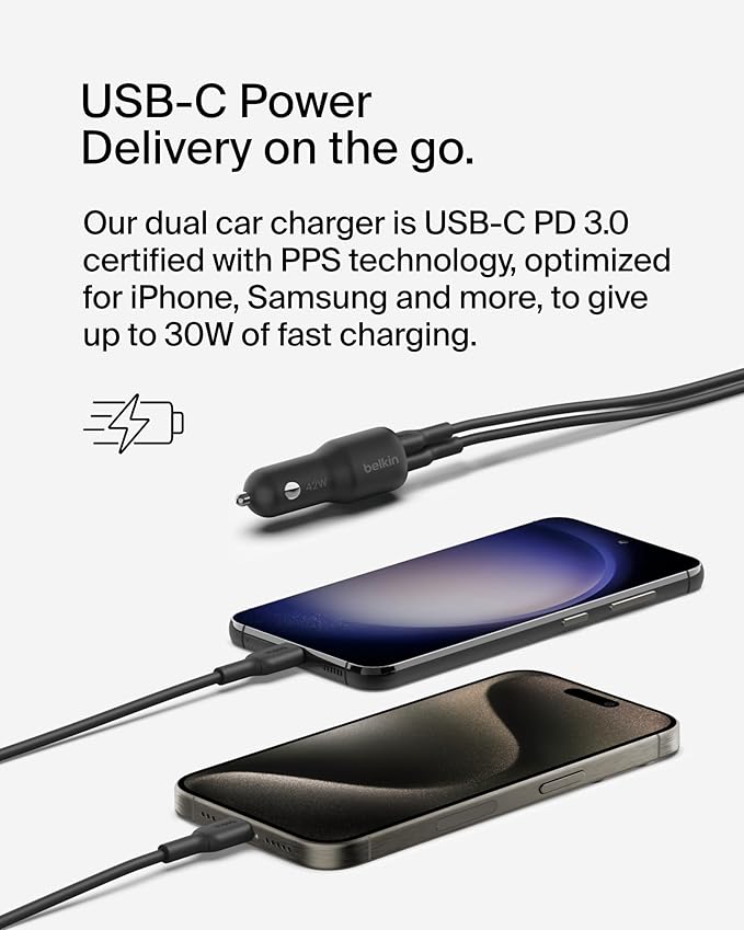 Belkin BoostCharge 42-Watt Dual Port Fast Car Charger w/30W USB-C & 12W USB-A Ports, USB-C to C Cable Included for iPhone 16, 16 Pro, Galaxy S25, S24, Pixel 9 & 8, Nintendo Switch 2 & More - Black